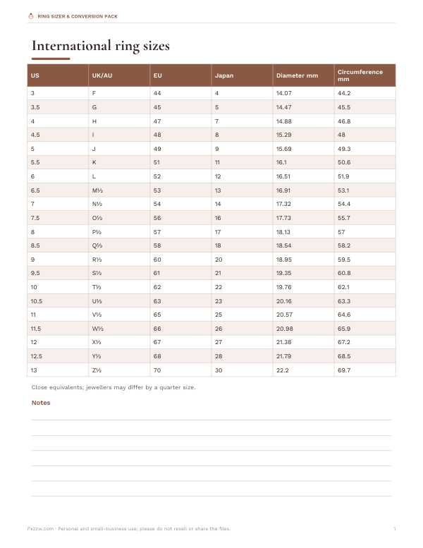Preview of Printable Ring Size Conversion Chart