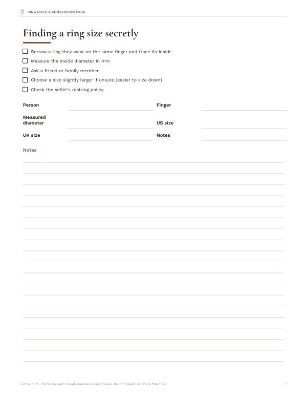 Preview of Printable Secret Ring Size Worksheet